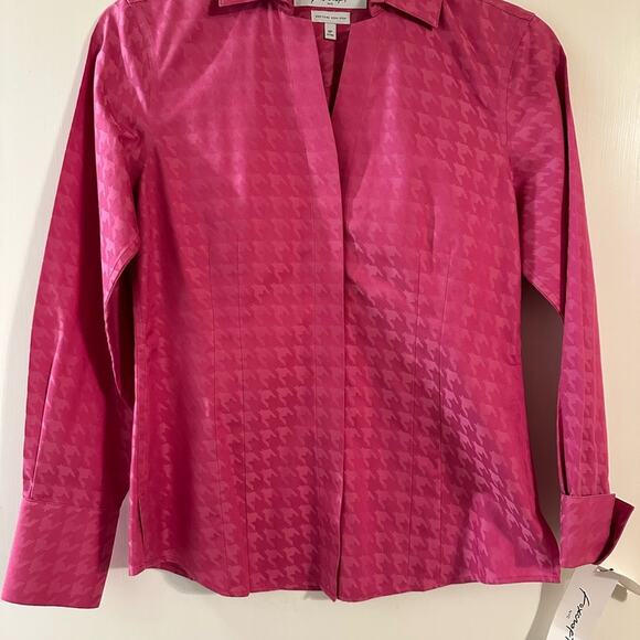 Foxcroft Button Up Blouse Magenta Pink Houndstooth Cotton NWT Career Barbie - Picture 2 of 5